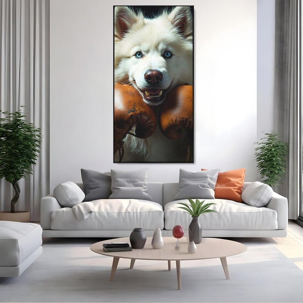 Tablou Canvas Premium, LuxCanva® M1286, Spirit de Luptator, Samoyed, Caine, Husky, Alb, Pufos, Manusi, Box, Sport, Energie, Campion, Adorabil, Curaj, Atitudine, Birou, Living, Camera Copil