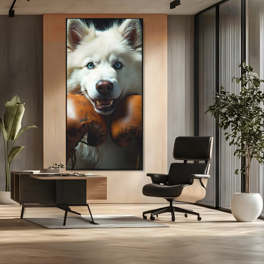 Tablou Canvas Premium, LuxCanva® M1286, Spirit de Luptator, Samoyed, Caine, Husky, Alb, Pufos, Manusi, Box, Sport, Energie, Campion, Adorabil, Curaj, Atitudine, Birou, Living, Camera Copil