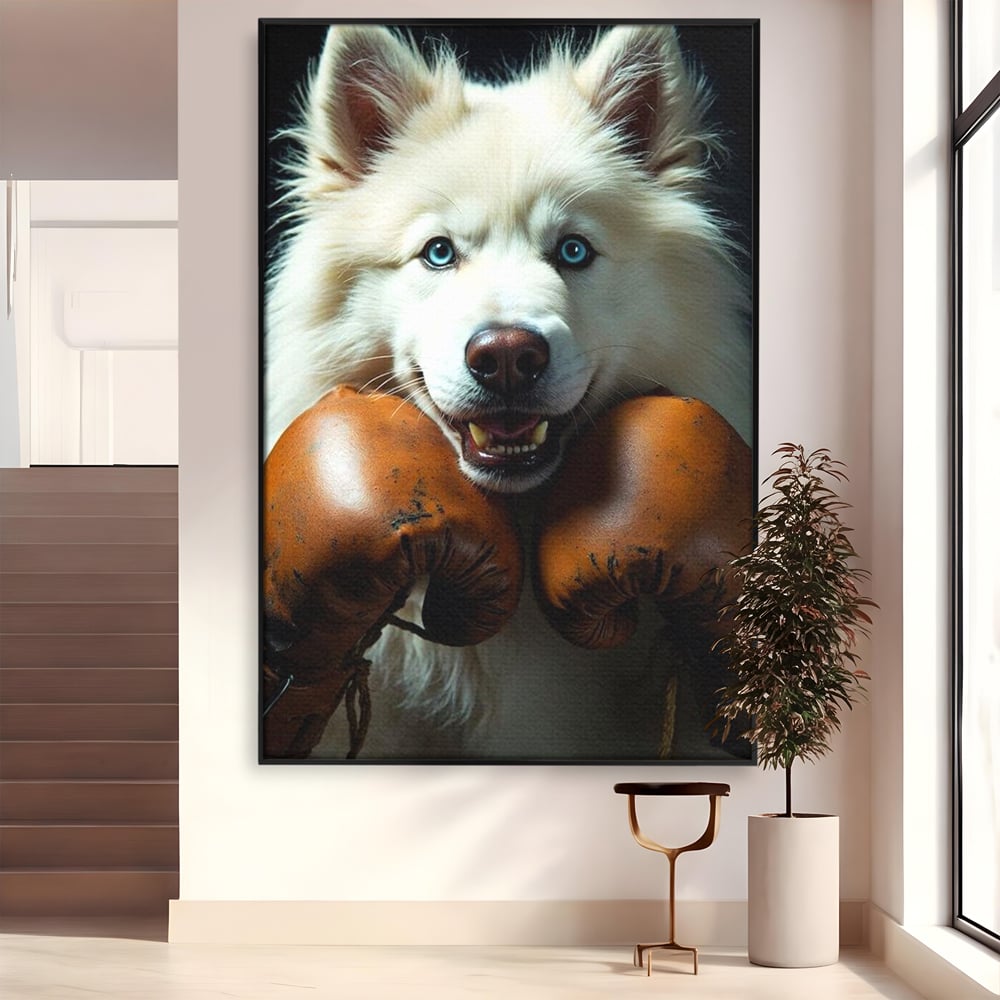 Tablou Canvas Premium, LuxCanva® M1286, Spirit de Luptator, Samoyed, Caine, Husky, Alb, Pufos, Manusi, Box, Sport, Energie, Campion, Adorabil, Curaj, Atitudine, Birou, Living, Camera Copil