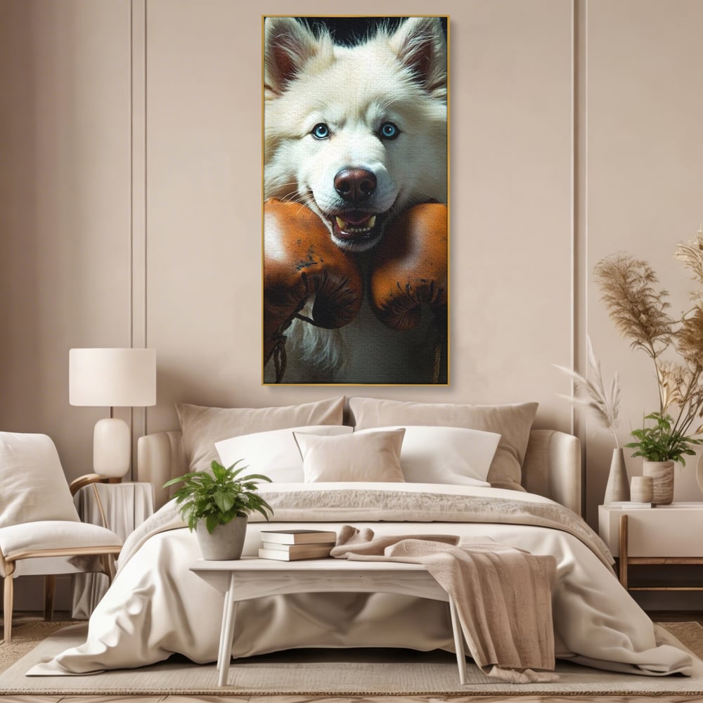 Tablou Canvas Premium, LuxCanva® M1286, Spirit de Luptator, Samoyed, Caine, Husky, Alb, Pufos, Manusi, Box, Sport, Energie, Campion, Adorabil, Curaj, Atitudine, Birou, Living, Camera Copil
