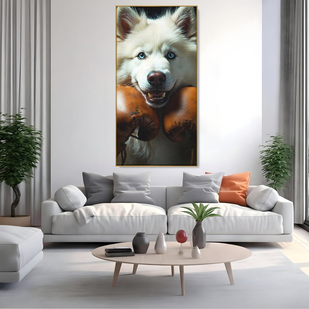 Tablou Canvas Premium, LuxCanva® M1286, Spirit de Luptator, Samoyed, Caine, Husky, Alb, Pufos, Manusi, Box, Sport, Energie, Campion, Adorabil, Curaj, Atitudine, Birou, Living, Camera Copil
