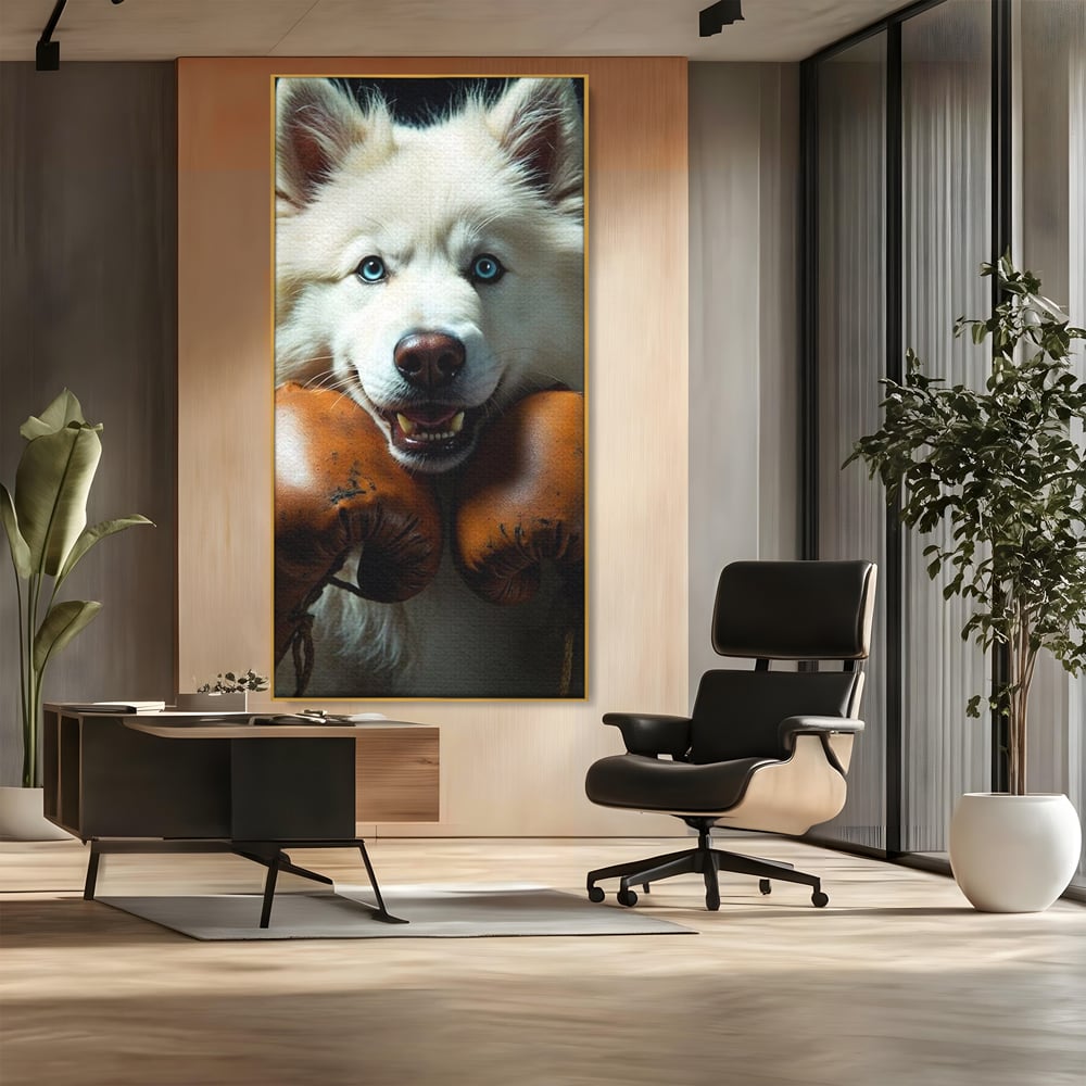 Tablou Canvas Premium, LuxCanva® M1286, Spirit de Luptator, Samoyed, Caine, Husky, Alb, Pufos, Manusi, Box, Sport, Energie, Campion, Adorabil, Curaj, Atitudine, Birou, Living, Camera Copil