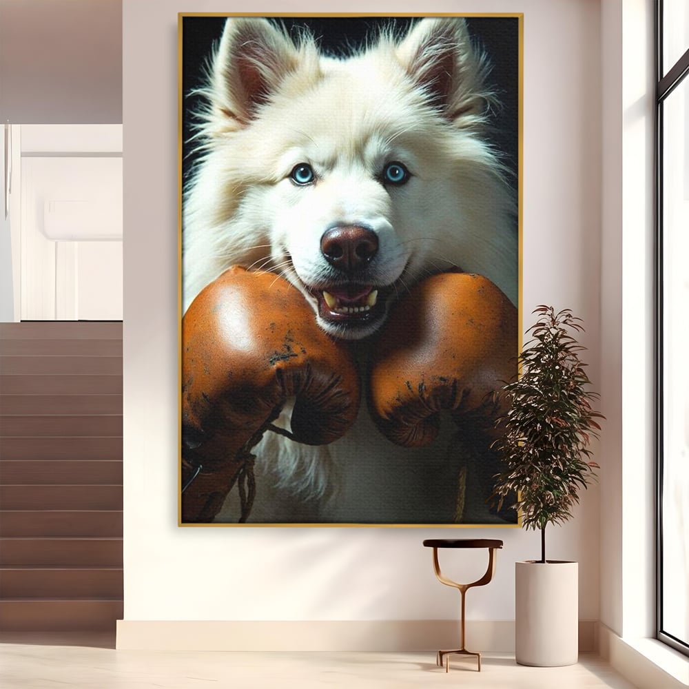 Tablou Canvas Premium, LuxCanva® M1286, Spirit de Luptator, Samoyed, Caine, Husky, Alb, Pufos, Manusi, Box, Sport, Energie, Campion, Adorabil, Curaj, Atitudine, Birou, Living, Camera Copil