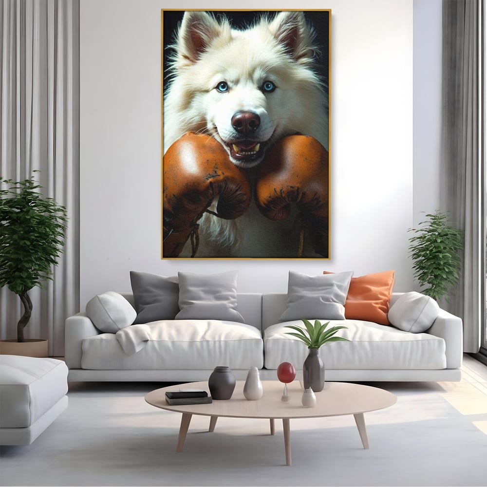 Tablou Canvas Premium, LuxCanva® M1286, Spirit de Luptator, Samoyed, Caine, Husky, Alb, Pufos, Manusi, Box, Sport, Energie, Campion, Adorabil, Curaj, Atitudine, Birou, Living, Camera Copil