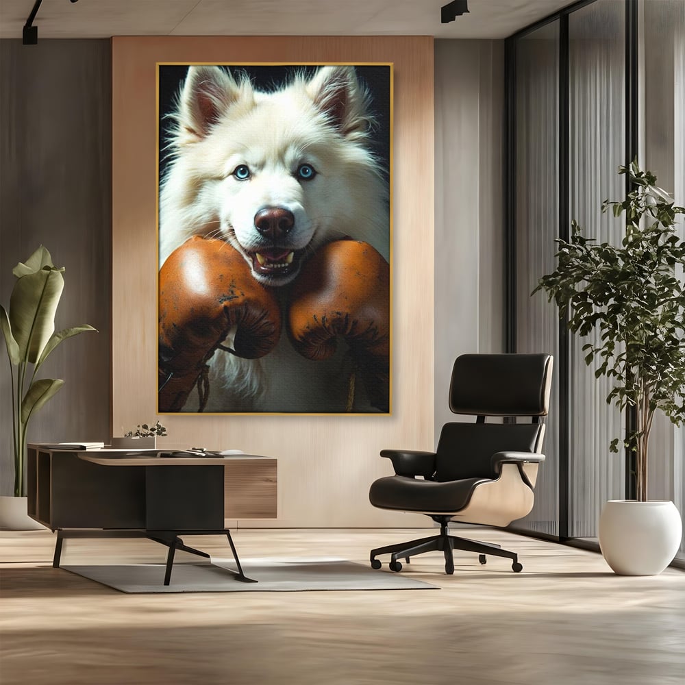 Tablou Canvas Premium, LuxCanva® M1286, Spirit de Luptator, Samoyed, Caine, Husky, Alb, Pufos, Manusi, Box, Sport, Energie, Campion, Adorabil, Curaj, Atitudine, Birou, Living, Camera Copil