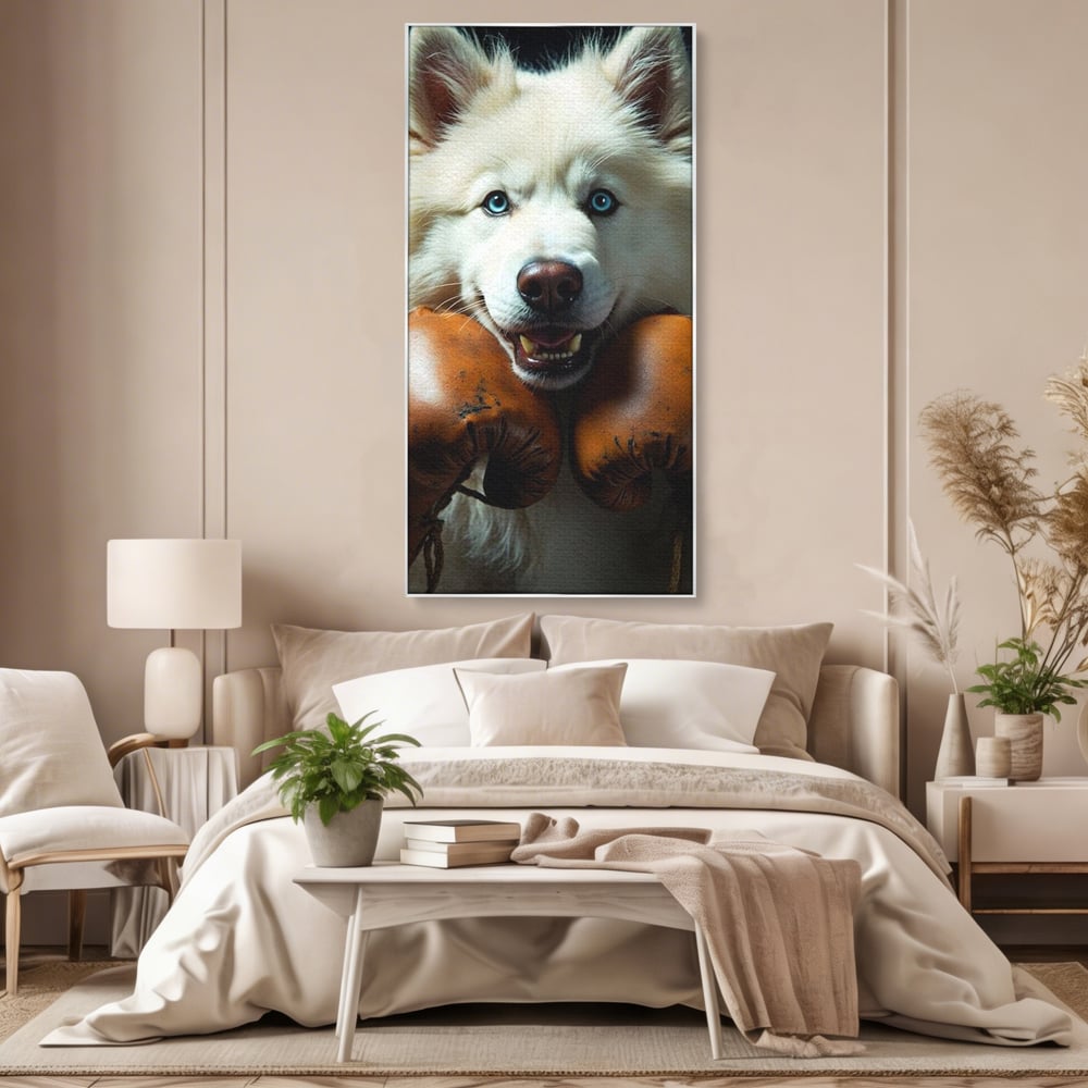 Tablou Canvas Premium, LuxCanva® M1286, Spirit de Luptator, Samoyed, Caine, Husky, Alb, Pufos, Manusi, Box, Sport, Energie, Campion, Adorabil, Curaj, Atitudine, Birou, Living, Camera Copil