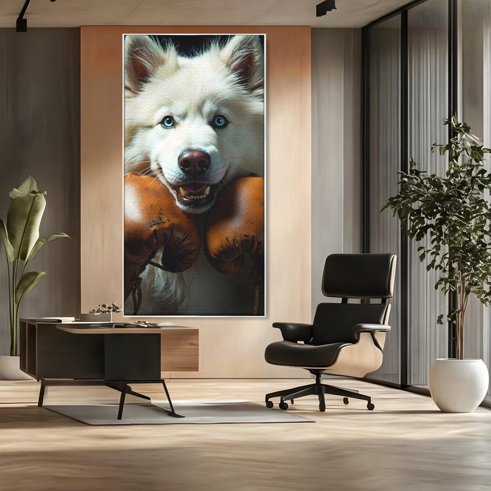 Tablou Canvas Premium, LuxCanva® M1286, Spirit de Luptator, Samoyed, Caine, Husky, Alb, Pufos, Manusi, Box, Sport, Energie, Campion, Adorabil, Curaj, Atitudine, Birou, Living, Camera Copil