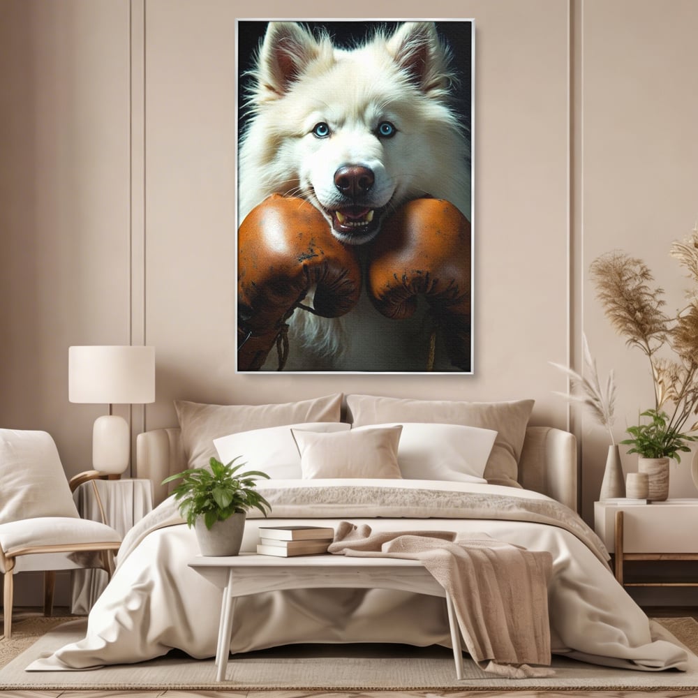 Tablou Canvas Premium, LuxCanva® M1286, Spirit de Luptator, Samoyed, Caine, Husky, Alb, Pufos, Manusi, Box, Sport, Energie, Campion, Adorabil, Curaj, Atitudine, Birou, Living, Camera Copil