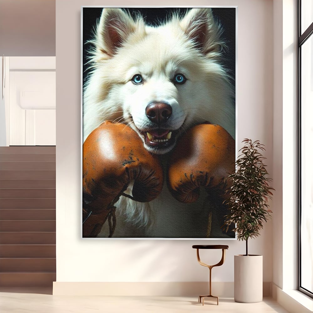 Tablou Canvas Premium, LuxCanva® M1286, Spirit de Luptator, Samoyed, Caine, Husky, Alb, Pufos, Manusi, Box, Sport, Energie, Campion, Adorabil, Curaj, Atitudine, Birou, Living, Camera Copil