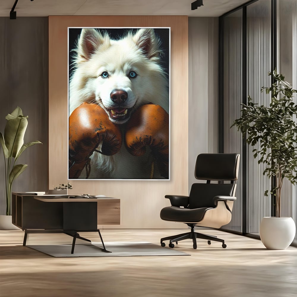 Tablou Canvas Premium, LuxCanva® M1286, Spirit de Luptator, Samoyed, Caine, Husky, Alb, Pufos, Manusi, Box, Sport, Energie, Campion, Adorabil, Curaj, Atitudine, Birou, Living, Camera Copil