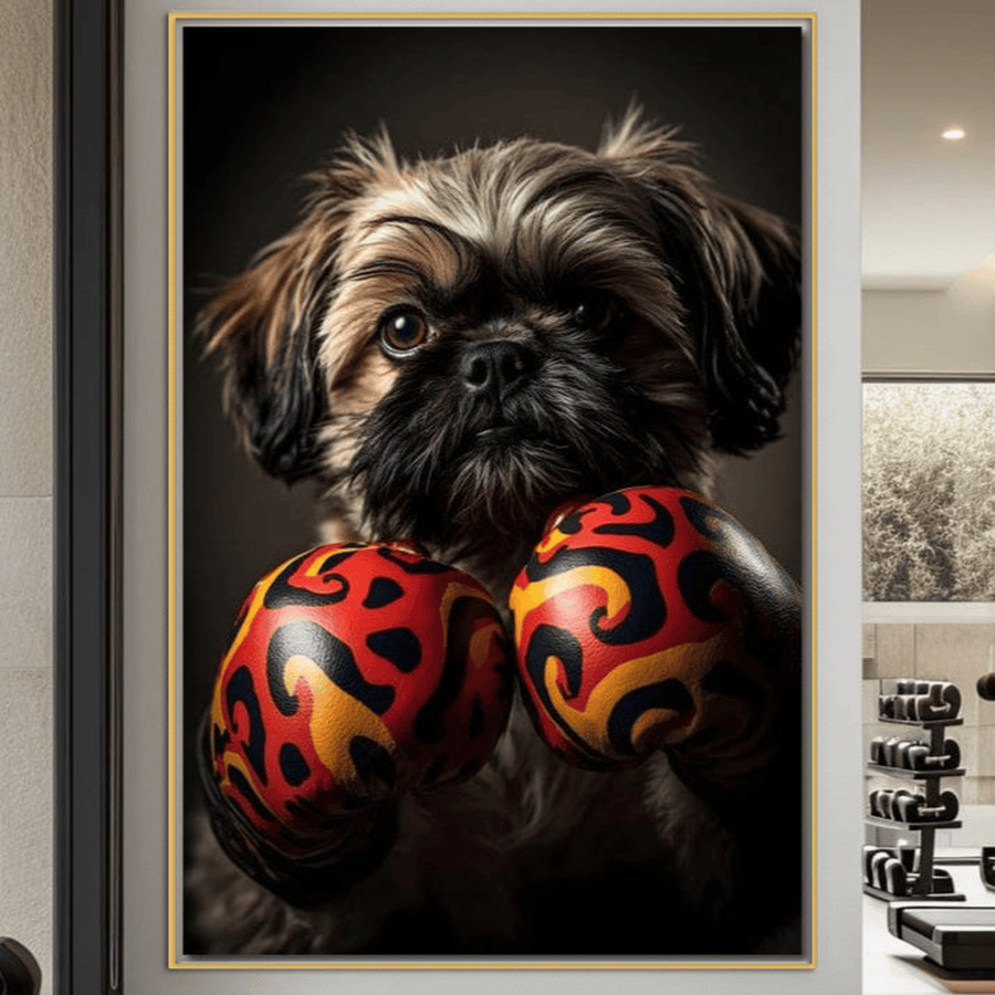 Tablou Canvas Premium LuxCanva® M1287: un cățel pufos și drăgălaș cu mănuși de box roșii-negre, surprins în "Flacara din Ring". Printat pe pânză bumbac premium, perfect pentru birou, living sau camera copilului tău.