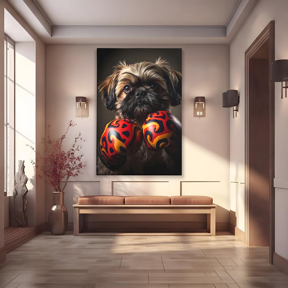Tablou Canvas Premium, LuxCanva® M1287, Flacara din Ring, Provocare, Boxer, Knockout, Ring, Puternic, Catel, Pufos, Dragalas, Manusi, Curaj, Sport, Birou, Living, Camera Copil