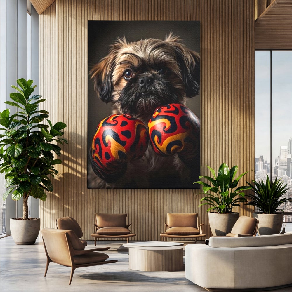 Tablou Canvas Premium, LuxCanva® M1287, Flacara din Ring, Provocare, Boxer, Knockout, Ring, Puternic, Catel, Pufos, Dragalas, Manusi, Curaj, Sport, Birou, Living, Camera Copil