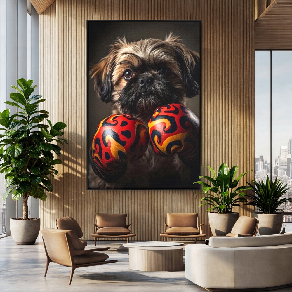 Tablou Canvas Premium, LuxCanva® M1287, Flacara din Ring, Provocare, Boxer, Knockout, Ring, Puternic, Catel, Pufos, Dragalas, Manusi, Curaj, Sport, Birou, Living, Camera Copil