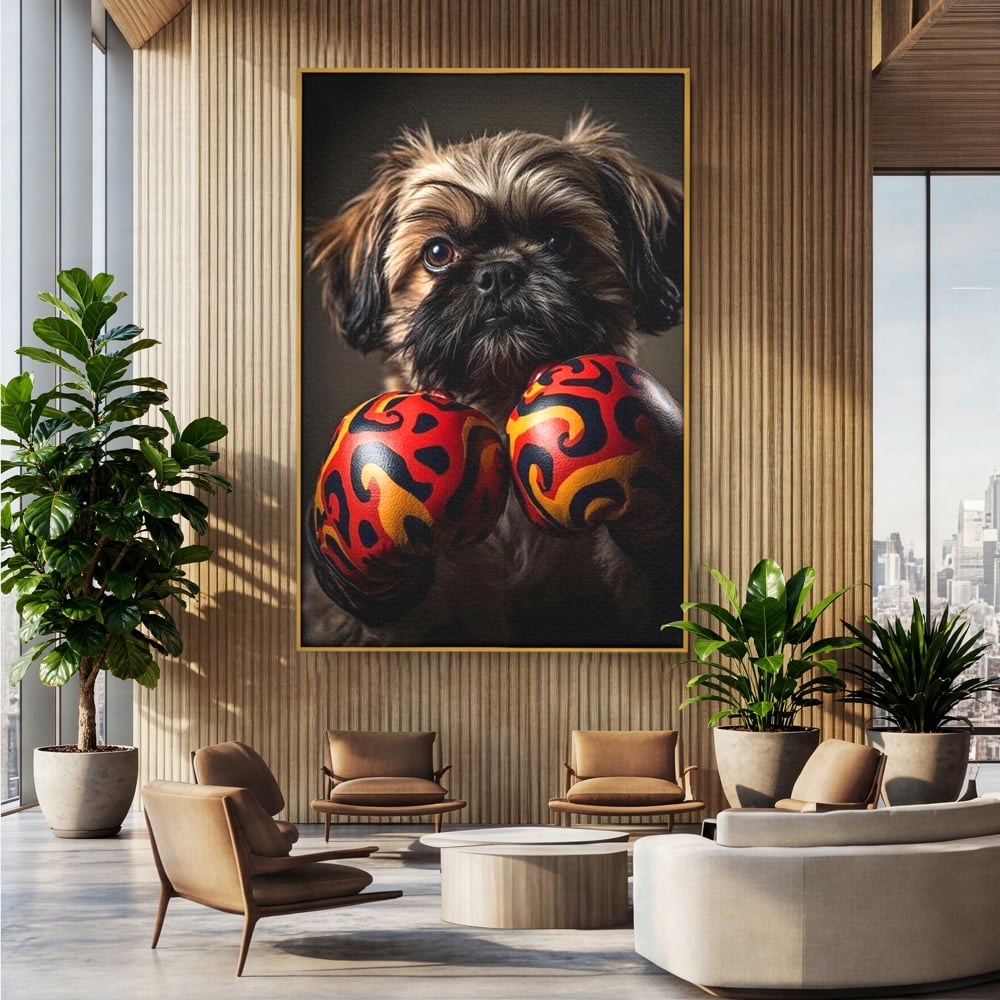 Tablou Canvas Premium, LuxCanva® M1287, Flacara din Ring, Provocare, Boxer, Knockout, Ring, Puternic, Catel, Pufos, Dragalas, Manusi, Curaj, Sport, Birou, Living, Camera Copil