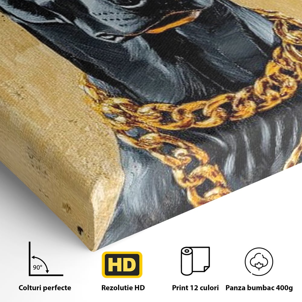 Tablou Canvas Premium, LuxCanva® M1288, Cavalerul Noptii, Doberman, Caine, Lant, Auriu, Negru, Portret, Protector, Paznic, Puternic, Nobil, Alfa, Birou, Living, Camera Copil