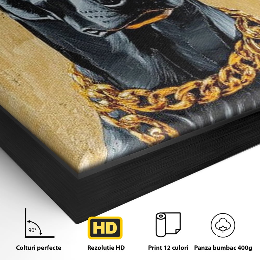 Tablou Canvas Premium, LuxCanva® M1288, Cavalerul Noptii, Doberman, Caine, Lant, Auriu, Negru, Portret, Protector, Paznic, Puternic, Nobil, Alfa, Birou, Living, Camera Copil