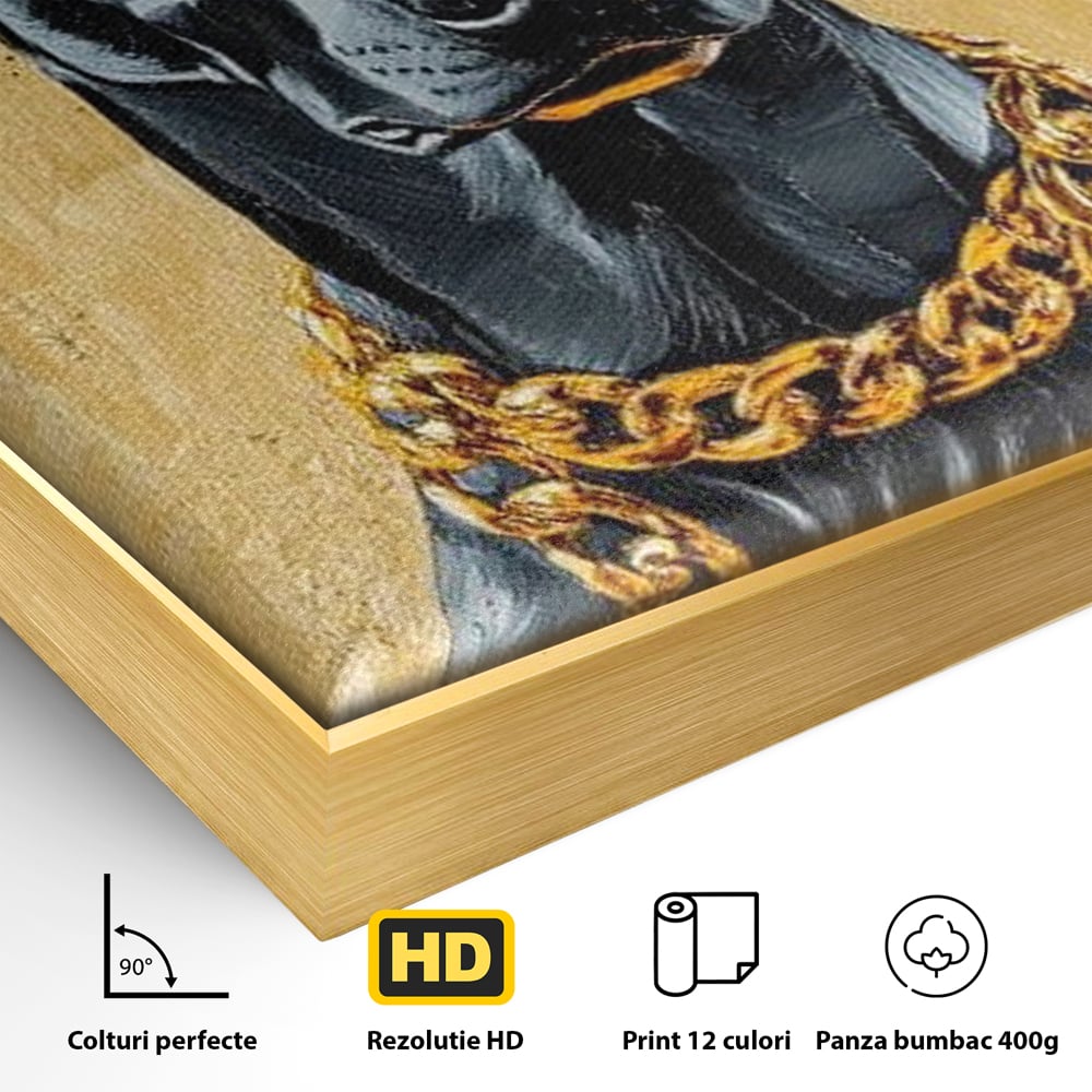 Tablou Canvas Premium, LuxCanva® M1288, Cavalerul Noptii, Doberman, Caine, Lant, Auriu, Negru, Portret, Protector, Paznic, Puternic, Nobil, Alfa, Birou, Living, Camera Copil