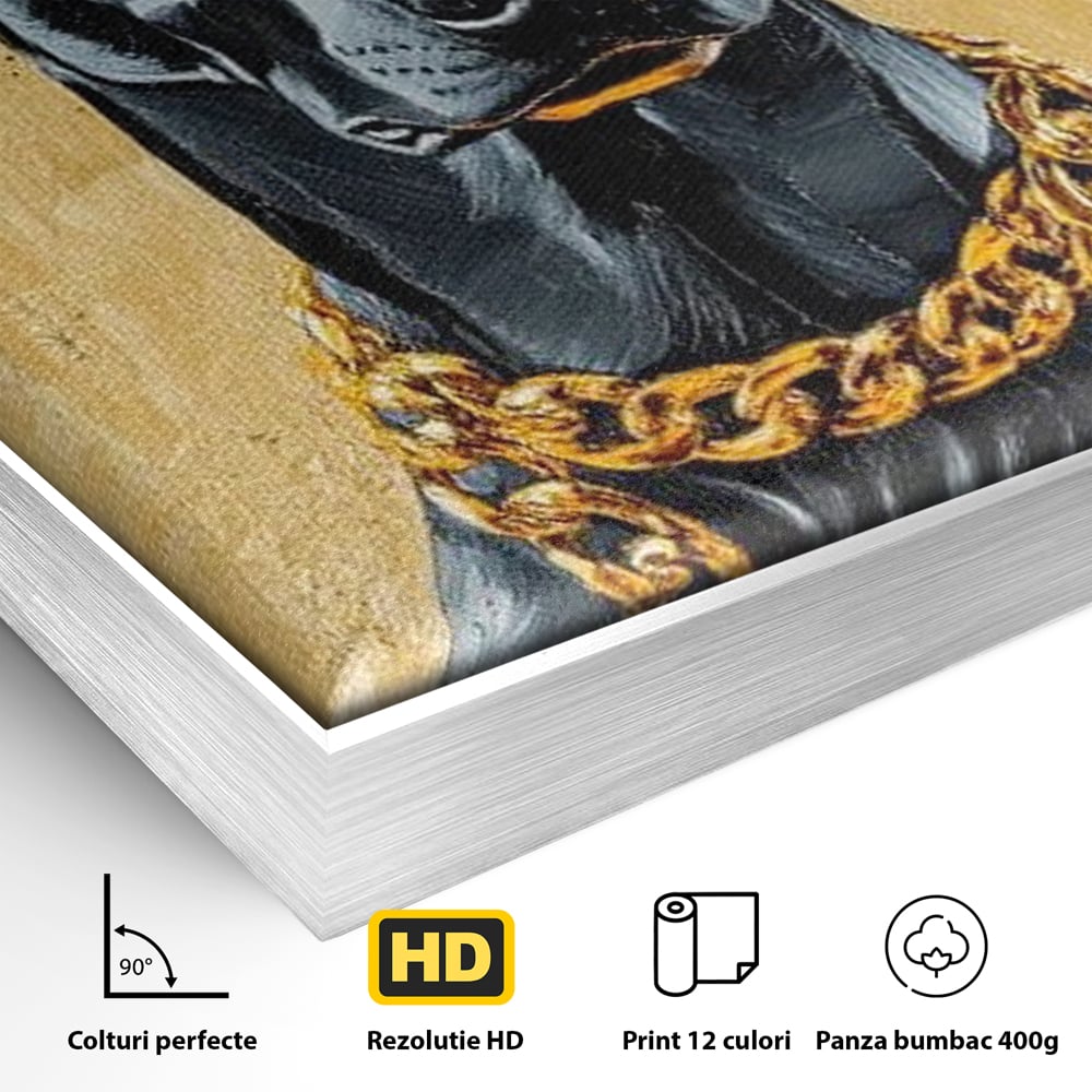 Tablou Canvas Premium, LuxCanva® M1288, Cavalerul Noptii, Doberman, Caine, Lant, Auriu, Negru, Portret, Protector, Paznic, Puternic, Nobil, Alfa, Birou, Living, Camera Copil