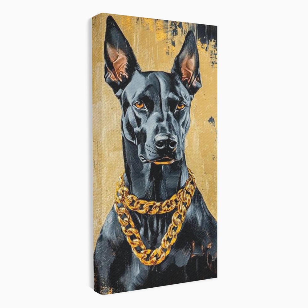 Tablou Canvas Premium, LuxCanva® M1288, Cavalerul Noptii, Doberman, Caine, Lant, Auriu, Negru, Portret, Protector, Paznic, Puternic, Nobil, Alfa, Birou, Living, Camera Copil