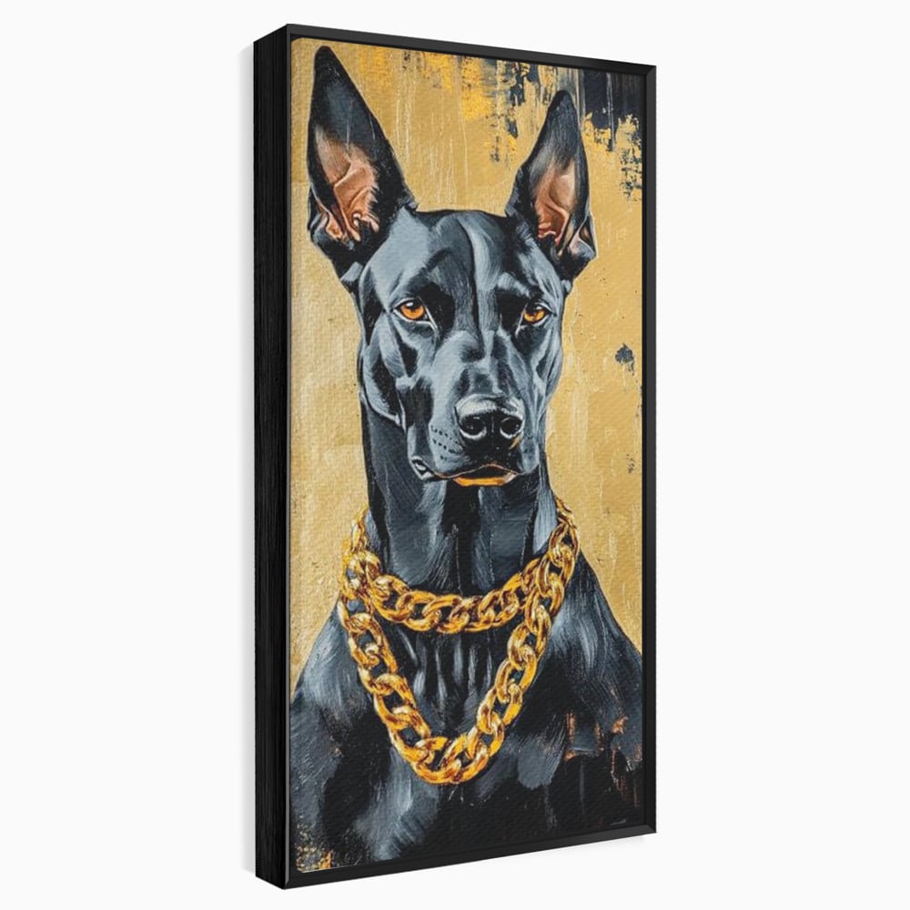 Tablou Canvas Premium, LuxCanva® M1288, Cavalerul Noptii, Doberman, Caine, Lant, Auriu, Negru, Portret, Protector, Paznic, Puternic, Nobil, Alfa, Birou, Living, Camera Copil