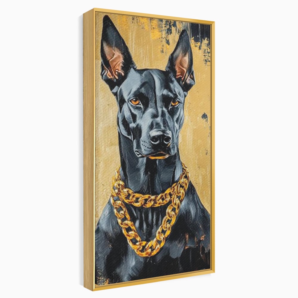 Tablou Canvas Premium, LuxCanva® M1288, Cavalerul Noptii, Doberman, Caine, Lant, Auriu, Negru, Portret, Protector, Paznic, Puternic, Nobil, Alfa, Birou, Living, Camera Copil