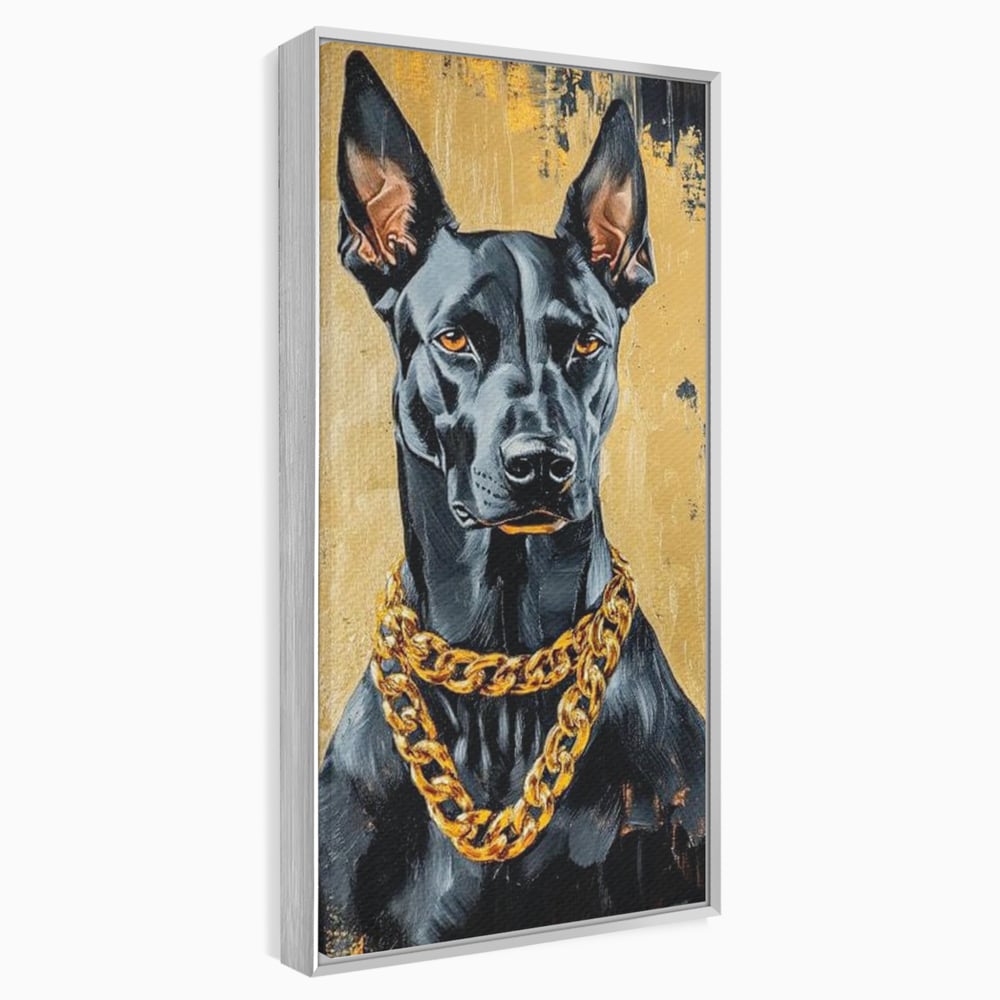 Tablou Canvas Premium, LuxCanva® M1288, Cavalerul Noptii, Doberman, Caine, Lant, Auriu, Negru, Portret, Protector, Paznic, Puternic, Nobil, Alfa, Birou, Living, Camera Copil