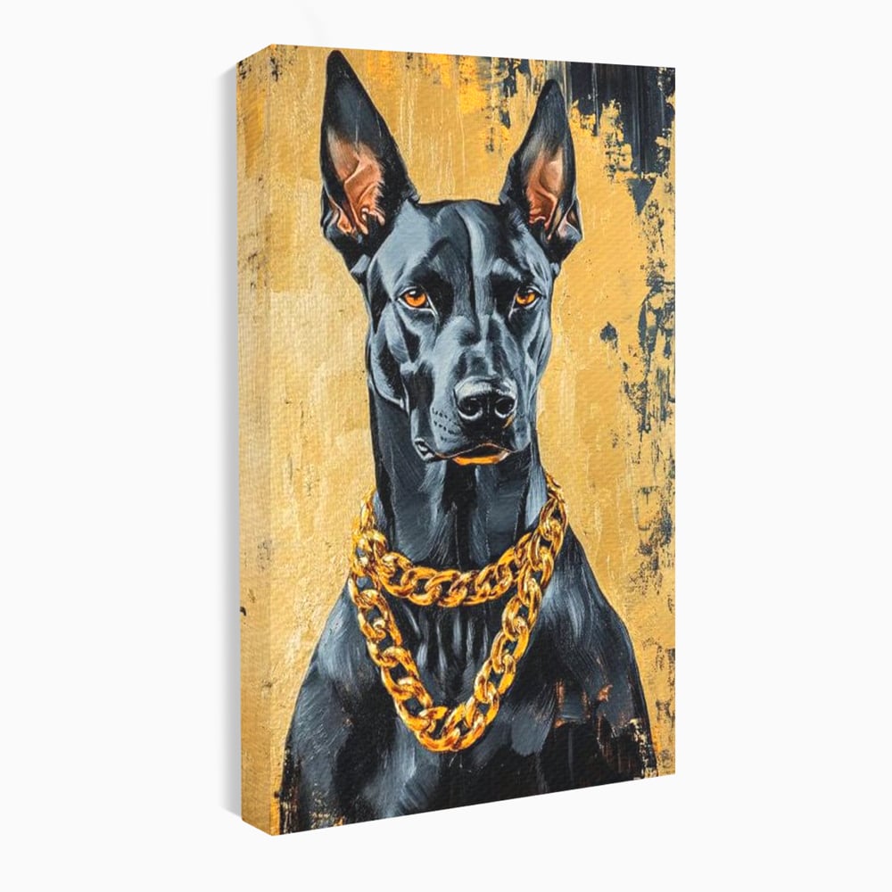 Tablou Canvas Premium, LuxCanva® M1288, Cavalerul Noptii, Doberman, Caine, Lant, Auriu, Negru, Portret, Protector, Paznic, Puternic, Nobil, Alfa, Birou, Living, Camera Copil