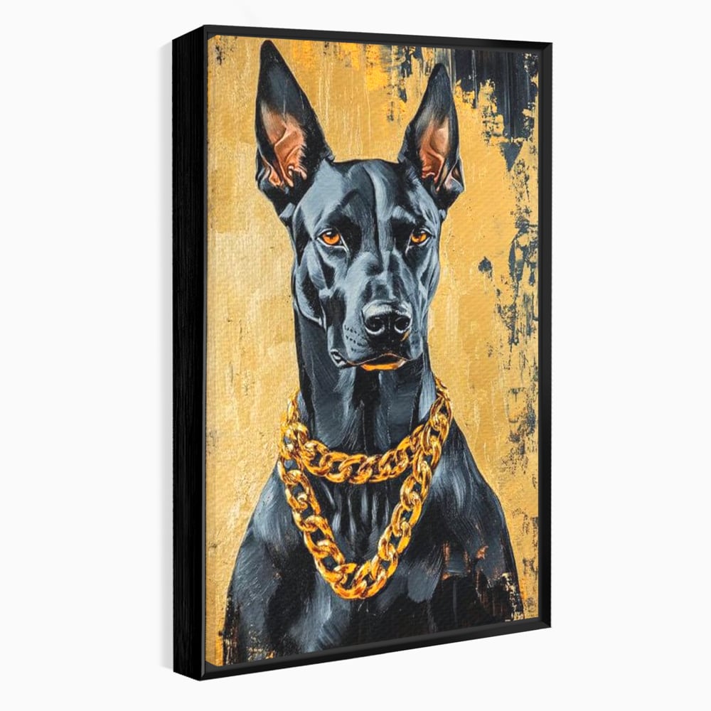 Tablou Canvas Premium, LuxCanva® M1288, Cavalerul Noptii, Doberman, Caine, Lant, Auriu, Negru, Portret, Protector, Paznic, Puternic, Nobil, Alfa, Birou, Living, Camera Copil