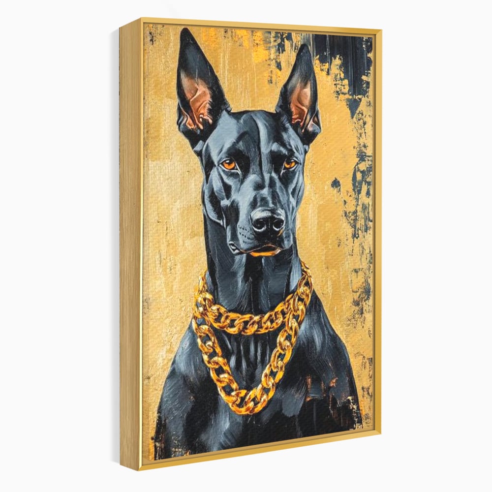 Tablou Canvas Premium, LuxCanva® M1288, Cavalerul Noptii, Doberman, Caine, Lant, Auriu, Negru, Portret, Protector, Paznic, Puternic, Nobil, Alfa, Birou, Living, Camera Copil