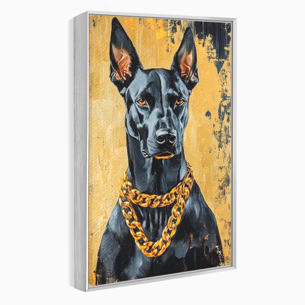 Tablou Canvas Premium, LuxCanva® M1288, Cavalerul Noptii, Doberman, Caine, Lant, Auriu, Negru, Portret, Protector, Paznic, Puternic, Nobil, Alfa, Birou, Living, Camera Copil