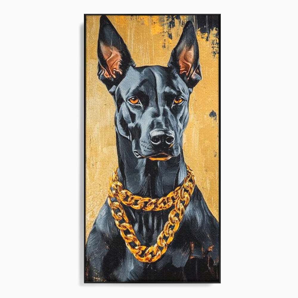 Tablou Canvas Premium, LuxCanva® M1288, Cavalerul Noptii, Doberman, Caine, Lant, Auriu, Negru, Portret, Protector, Paznic, Puternic, Nobil, Alfa, Birou, Living, Camera Copil