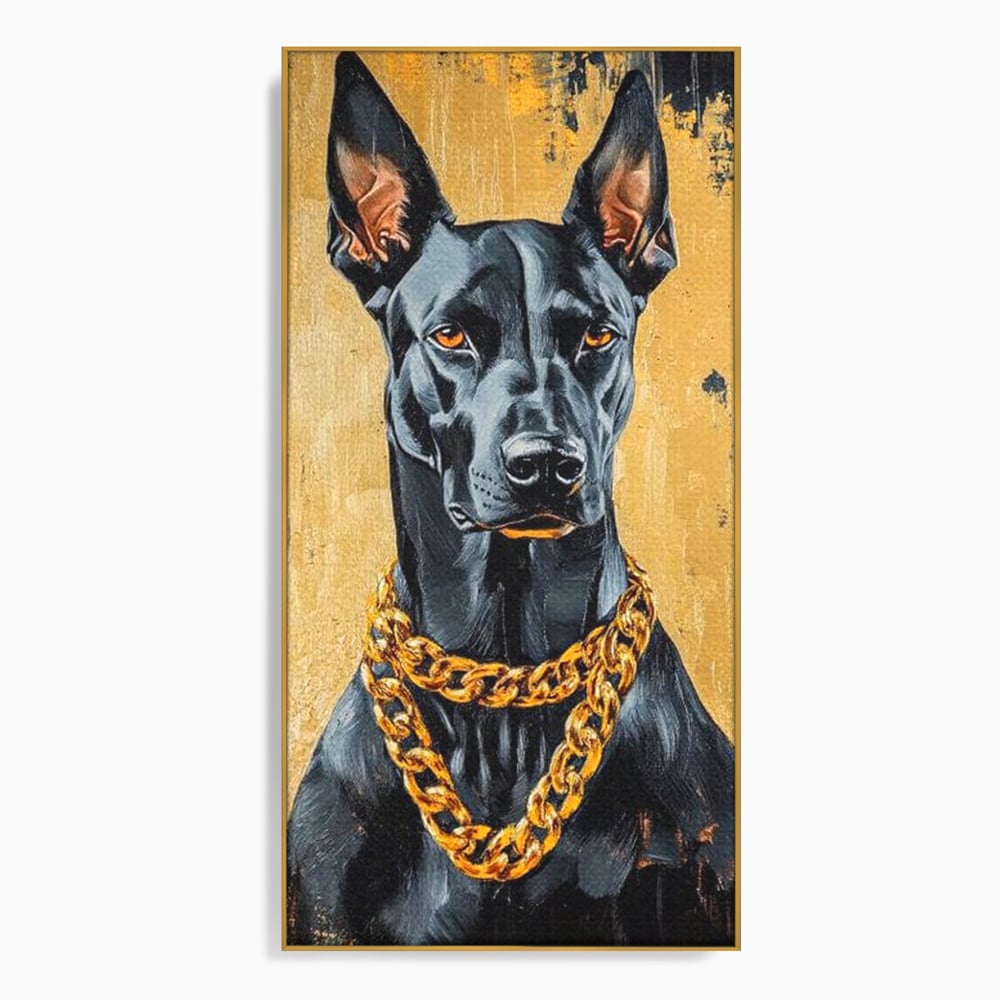 Tablou Canvas Premium, LuxCanva® M1288, Cavalerul Noptii, Doberman, Caine, Lant, Auriu, Negru, Portret, Protector, Paznic, Puternic, Nobil, Alfa, Birou, Living, Camera Copil