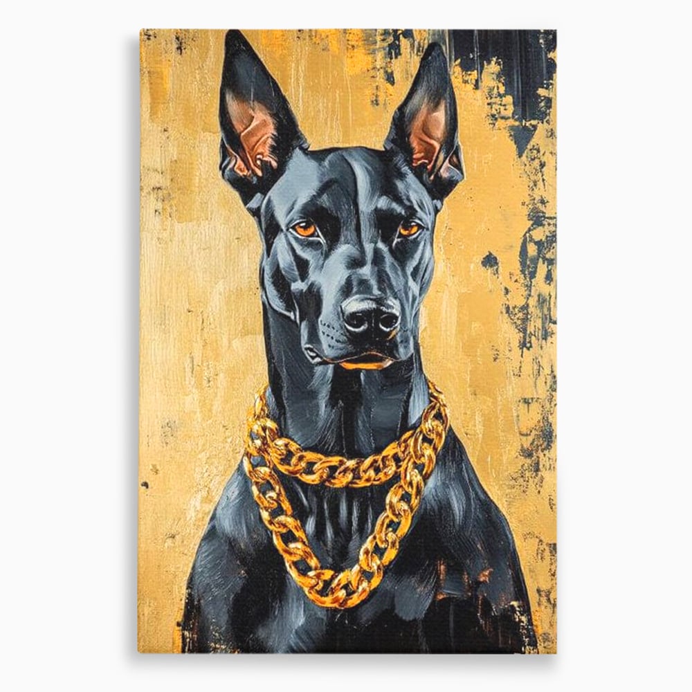 Tablou Canvas Premium, LuxCanva® M1288, Cavalerul Noptii, Doberman, Caine, Lant, Auriu, Negru, Portret, Protector, Paznic, Puternic, Nobil, Alfa, Birou, Living, Camera Copil
