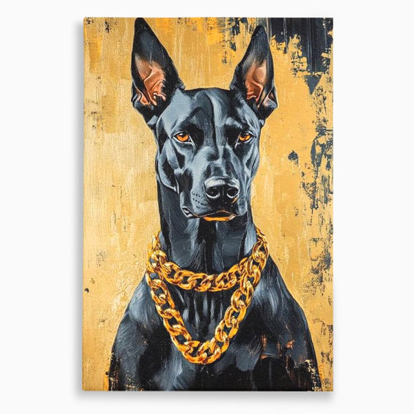 Tablou Canvas Premium, LuxCanva® M1288, Cavalerul Noptii, Doberman, Caine, Lant, Auriu, Negru, Portret, Protector, Paznic, Puternic, Nobil, Alfa, Birou, Living, Camera Copil