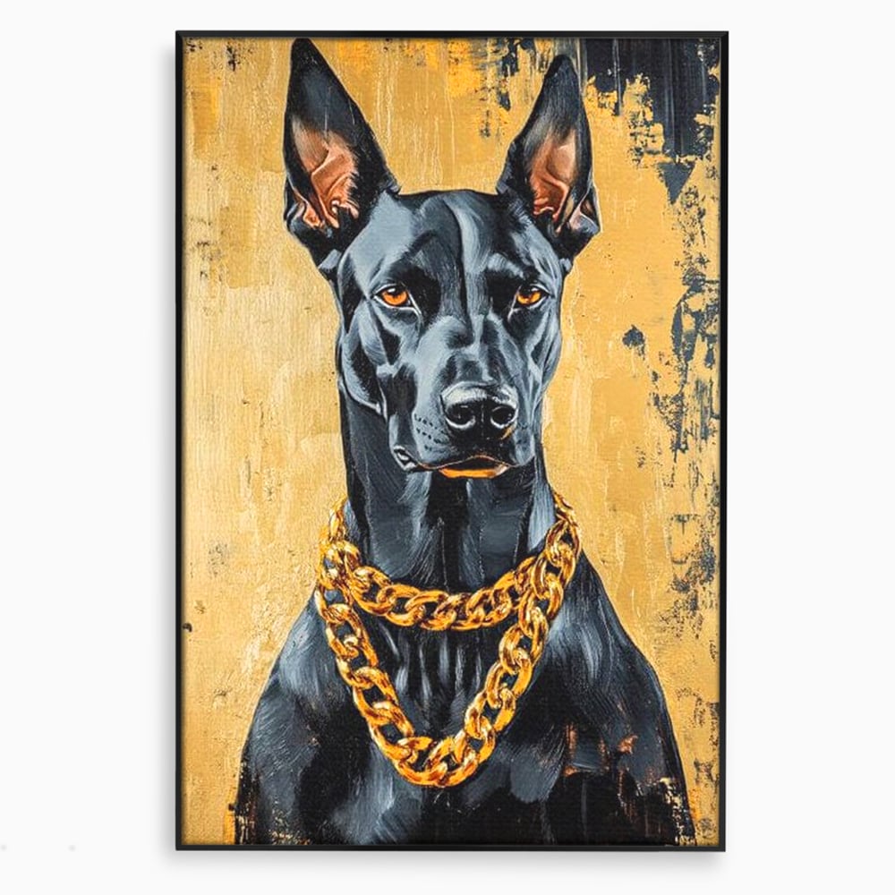 Tablou Canvas Premium, LuxCanva® M1288, Cavalerul Noptii, Doberman, Caine, Lant, Auriu, Negru, Portret, Protector, Paznic, Puternic, Nobil, Alfa, Birou, Living, Camera Copil