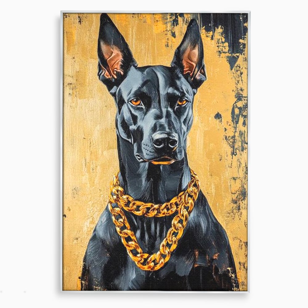 Tablou Canvas Premium, LuxCanva® M1288, Cavalerul Noptii, Doberman, Caine, Lant, Auriu, Negru, Portret, Protector, Paznic, Puternic, Nobil, Alfa, Birou, Living, Camera Copil