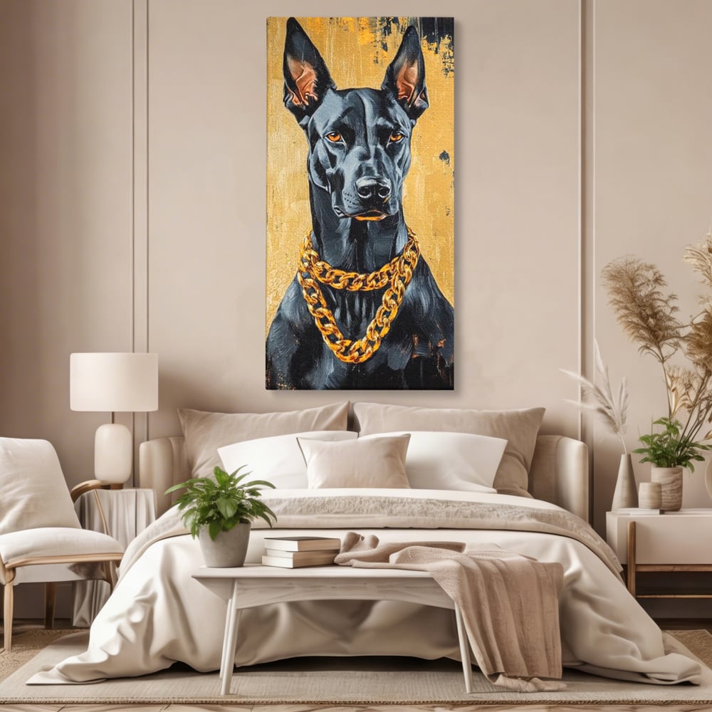 Tablou Canvas Premium, LuxCanva® M1288, Cavalerul Noptii, Doberman, Caine, Lant, Auriu, Negru, Portret, Protector, Paznic, Puternic, Nobil, Alfa, Birou, Living, Camera Copil