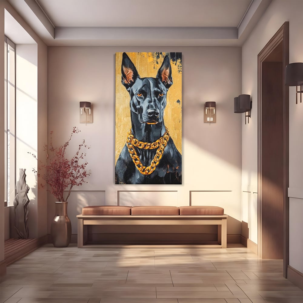 Tablou Canvas Premium, LuxCanva® M1288, Cavalerul Noptii, Doberman, Caine, Lant, Auriu, Negru, Portret, Protector, Paznic, Puternic, Nobil, Alfa, Birou, Living, Camera Copil