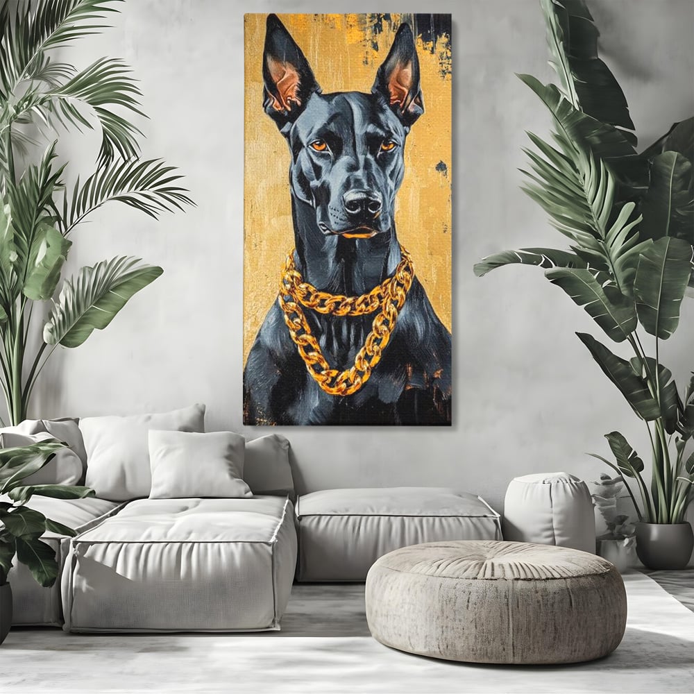 Tablou Canvas Premium, LuxCanva® M1288, Cavalerul Noptii, Doberman, Caine, Lant, Auriu, Negru, Portret, Protector, Paznic, Puternic, Nobil, Alfa, Birou, Living, Camera Copil