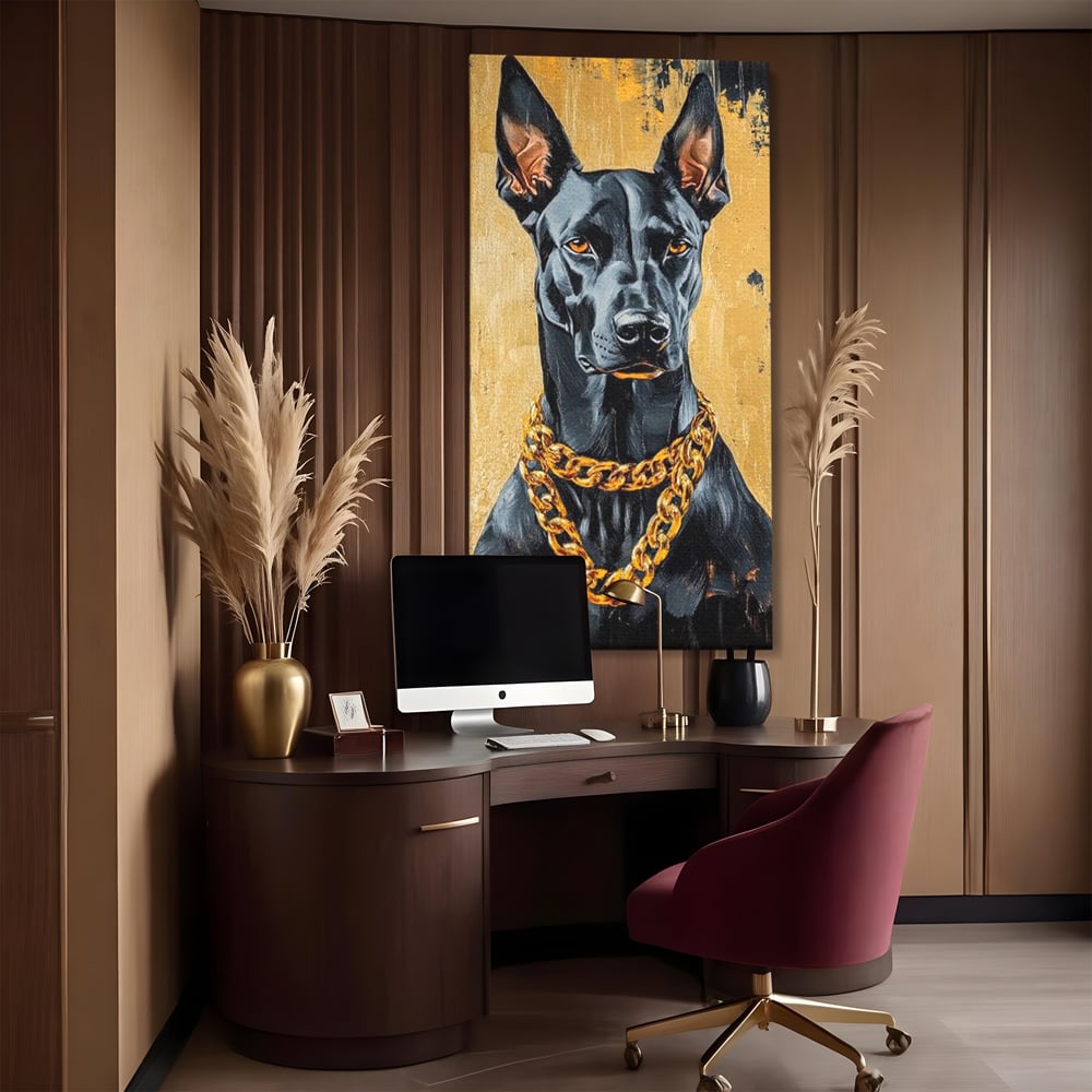 Tablou Canvas Premium, LuxCanva® M1288, Cavalerul Noptii, Doberman, Caine, Lant, Auriu, Negru, Portret, Protector, Paznic, Puternic, Nobil, Alfa, Birou, Living, Camera Copil