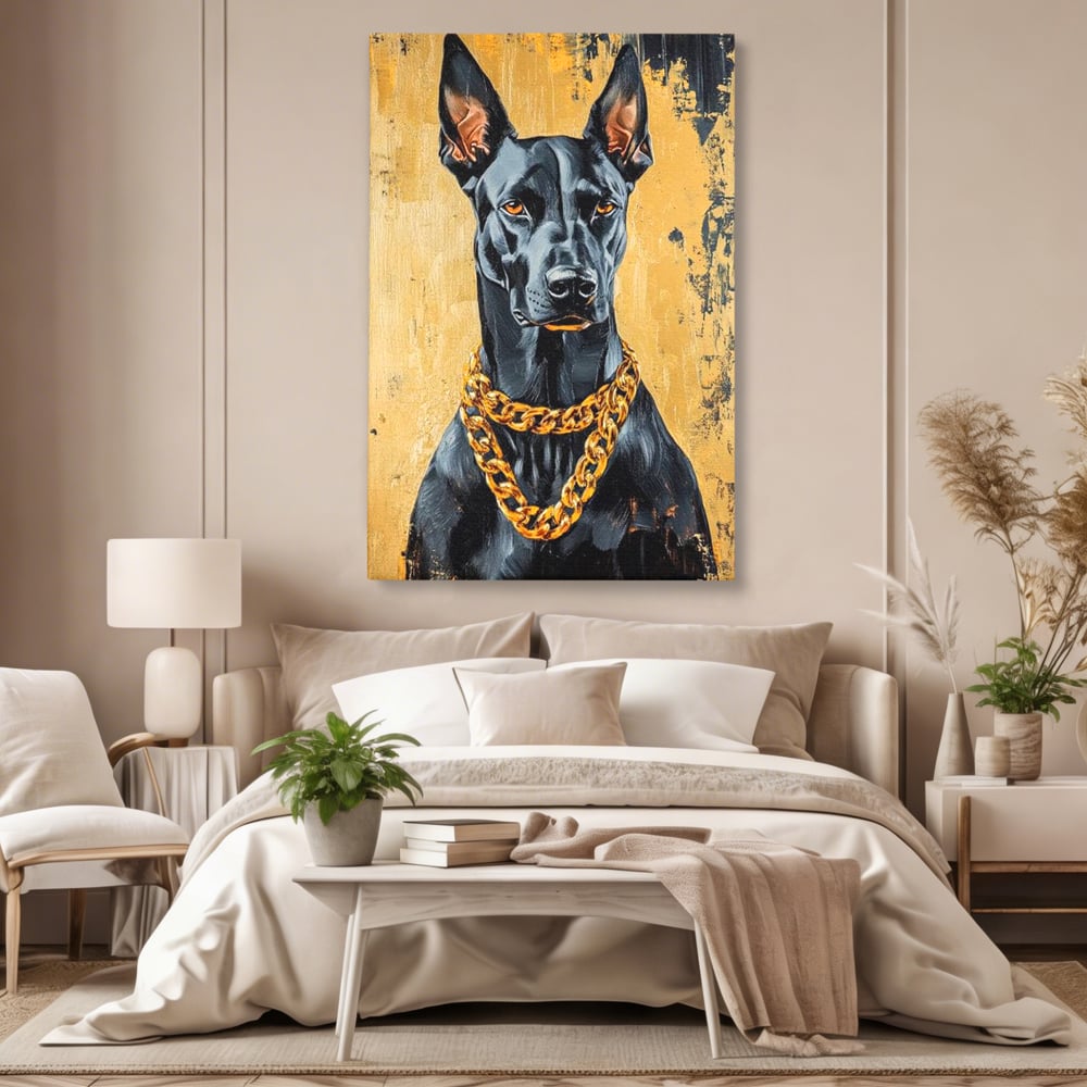 Tablou Canvas Premium, LuxCanva® M1288, Cavalerul Noptii, Doberman, Caine, Lant, Auriu, Negru, Portret, Protector, Paznic, Puternic, Nobil, Alfa, Birou, Living, Camera Copil