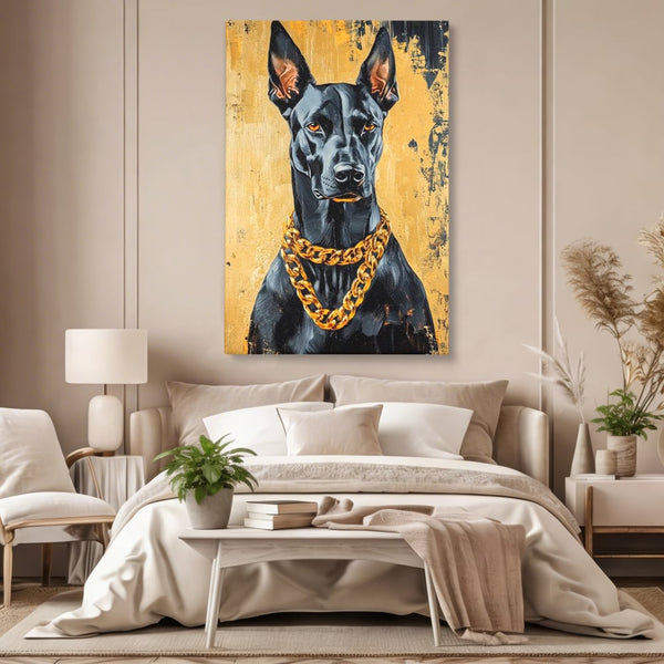 Tablou Canvas Premium, LuxCanva® M1288, Cavalerul Noptii, Doberman, Caine, Lant, Auriu, Negru, Portret, Protector, Paznic, Puternic, Nobil, Alfa, Birou, Living, Camera Copil