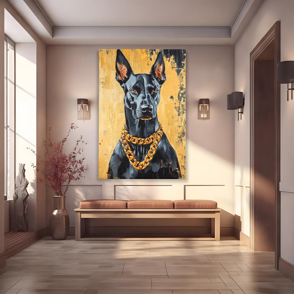 Tablou Canvas Premium, LuxCanva® M1288, Cavalerul Noptii, Doberman, Caine, Lant, Auriu, Negru, Portret, Protector, Paznic, Puternic, Nobil, Alfa, Birou, Living, Camera Copil
