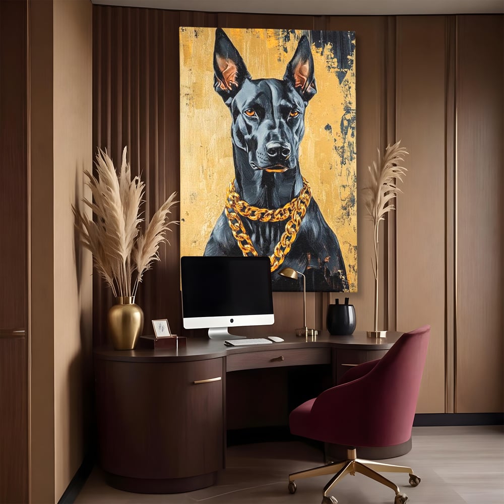 Tablou Canvas Premium, LuxCanva® M1288, Cavalerul Noptii, Doberman, Caine, Lant, Auriu, Negru, Portret, Protector, Paznic, Puternic, Nobil, Alfa, Birou, Living, Camera Copil