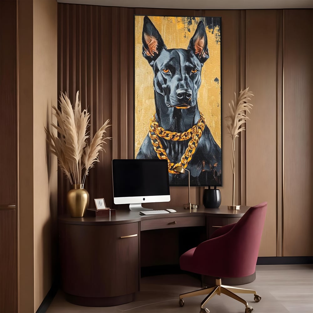 Tablou Canvas Premium, LuxCanva® M1288, Cavalerul Noptii, Doberman, Caine, Lant, Auriu, Negru, Portret, Protector, Paznic, Puternic, Nobil, Alfa, Birou, Living, Camera Copil