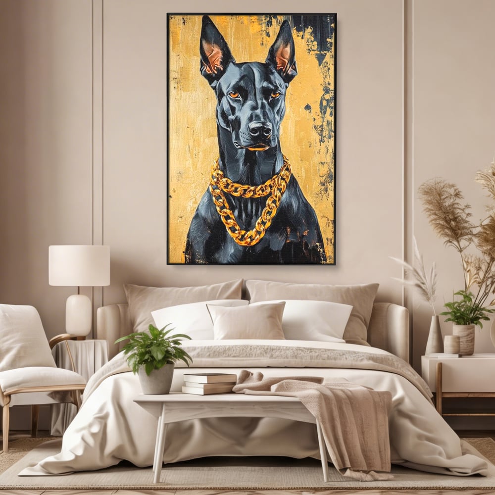 Tablou Canvas Premium, LuxCanva® M1288, Cavalerul Noptii, Doberman, Caine, Lant, Auriu, Negru, Portret, Protector, Paznic, Puternic, Nobil, Alfa, Birou, Living, Camera Copil