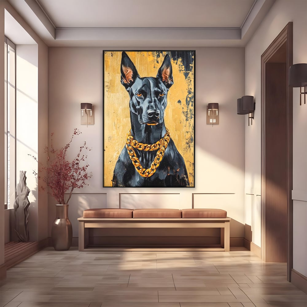 Tablou Canvas Premium, LuxCanva® M1288, Cavalerul Noptii, Doberman, Caine, Lant, Auriu, Negru, Portret, Protector, Paznic, Puternic, Nobil, Alfa, Birou, Living, Camera Copil
