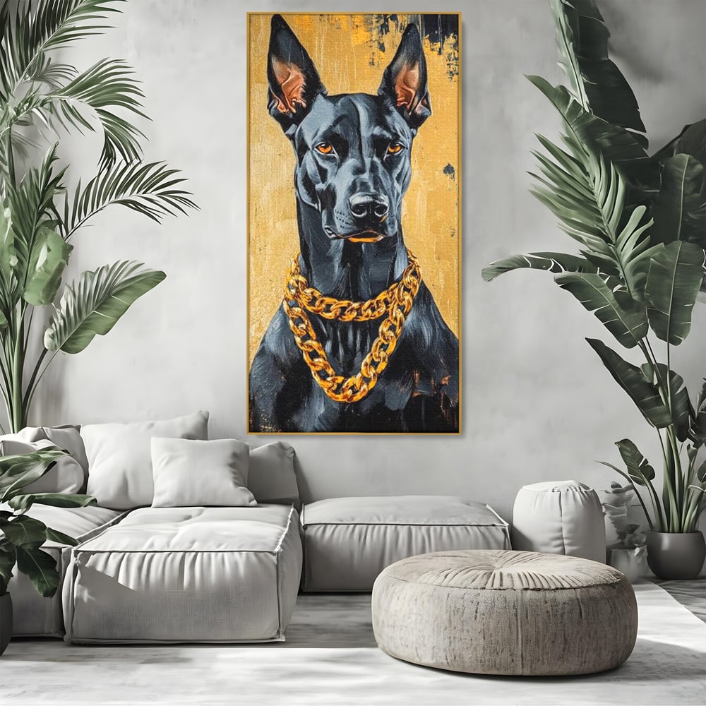 Tablou Canvas Premium, LuxCanva® M1288, Cavalerul Noptii, Doberman, Caine, Lant, Auriu, Negru, Portret, Protector, Paznic, Puternic, Nobil, Alfa, Birou, Living, Camera Copil