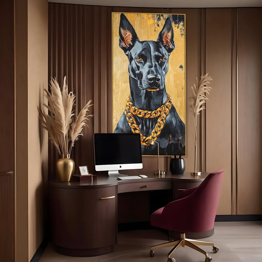 Tablou Canvas Premium, LuxCanva® M1288, Cavalerul Noptii, Doberman, Caine, Lant, Auriu, Negru, Portret, Protector, Paznic, Puternic, Nobil, Alfa, Birou, Living, Camera Copil